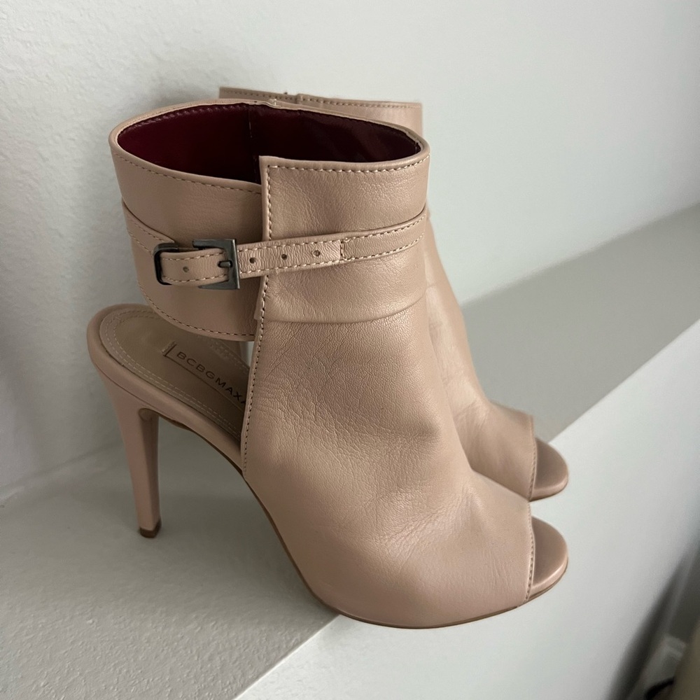 BCBGMaxAzria Nude Peep Toe Ankle Strap Heels